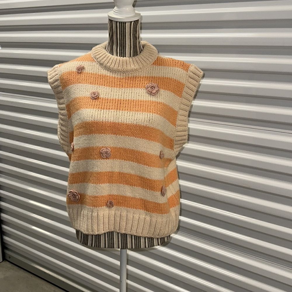 ZARA Orange Cream Striped Floral Knit Vest NWT Size L Textured Sweater Vest - Picture 5 of 9